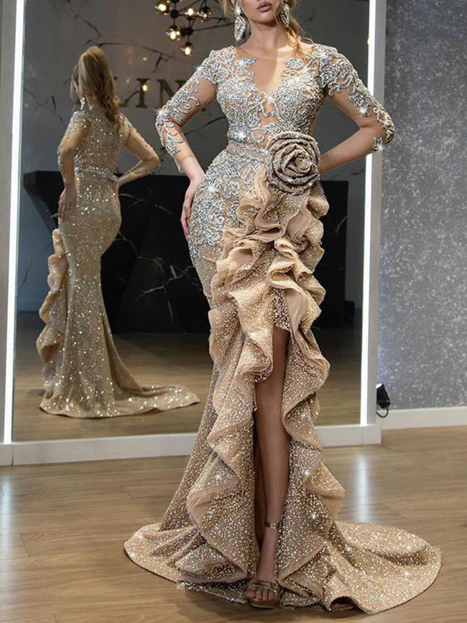 GR | Damenkleider Glänzend Unregelmäßiger Volant Abendkleid