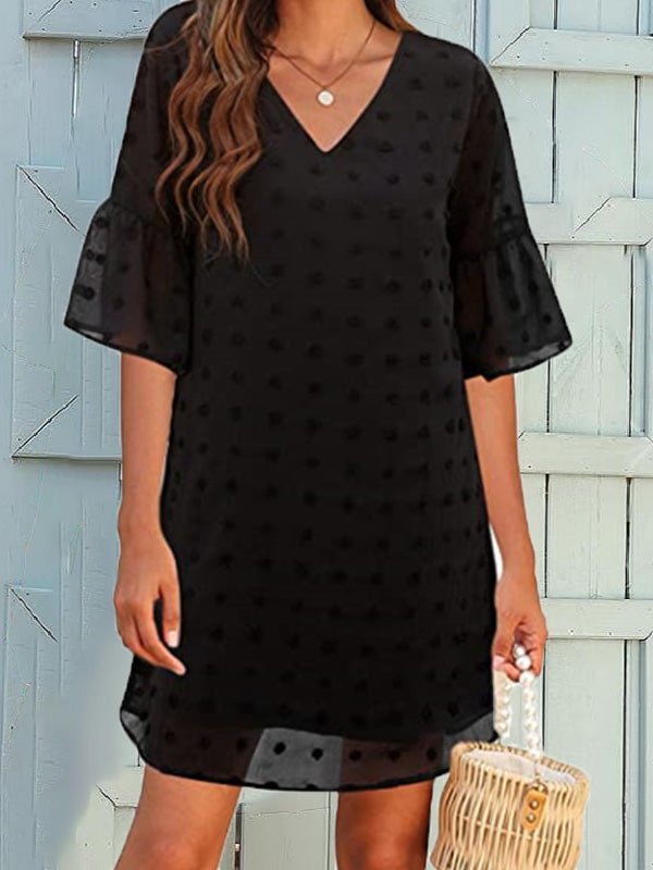 GR | Women's Solid Color Jacquard Polka Dot Chiffon Short Sleeve Dress