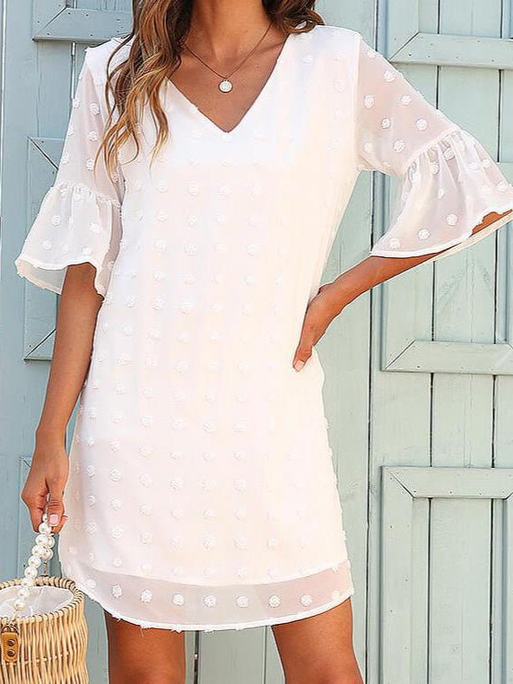 GR | Women's Solid Color Jacquard Polka Dot Chiffon Short Sleeve Dress