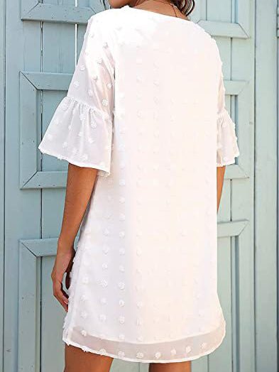 GR | Women's Solid Color Jacquard Polka Dot Chiffon Short Sleeve Dress
