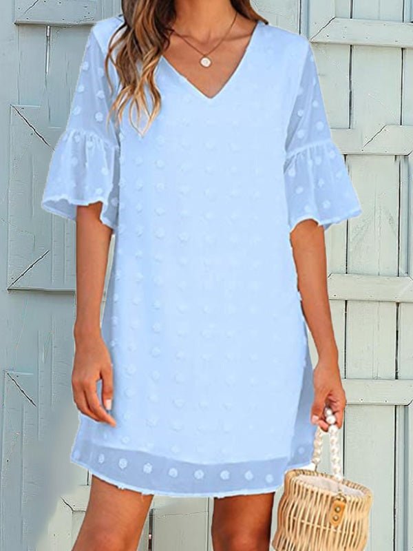 GR | Women's Solid Color Jacquard Polka Dot Chiffon Short Sleeve Dress
