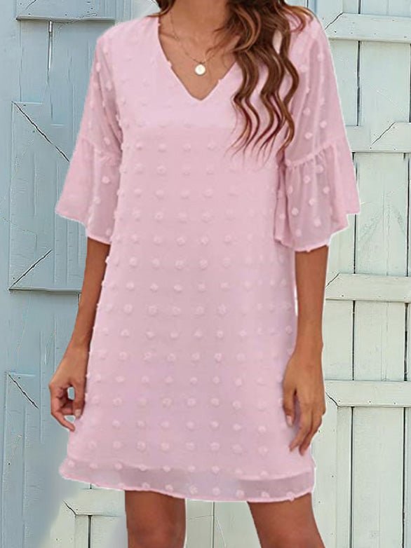 GR | Women's Solid Color Jacquard Polka Dot Chiffon Short Sleeve Dress