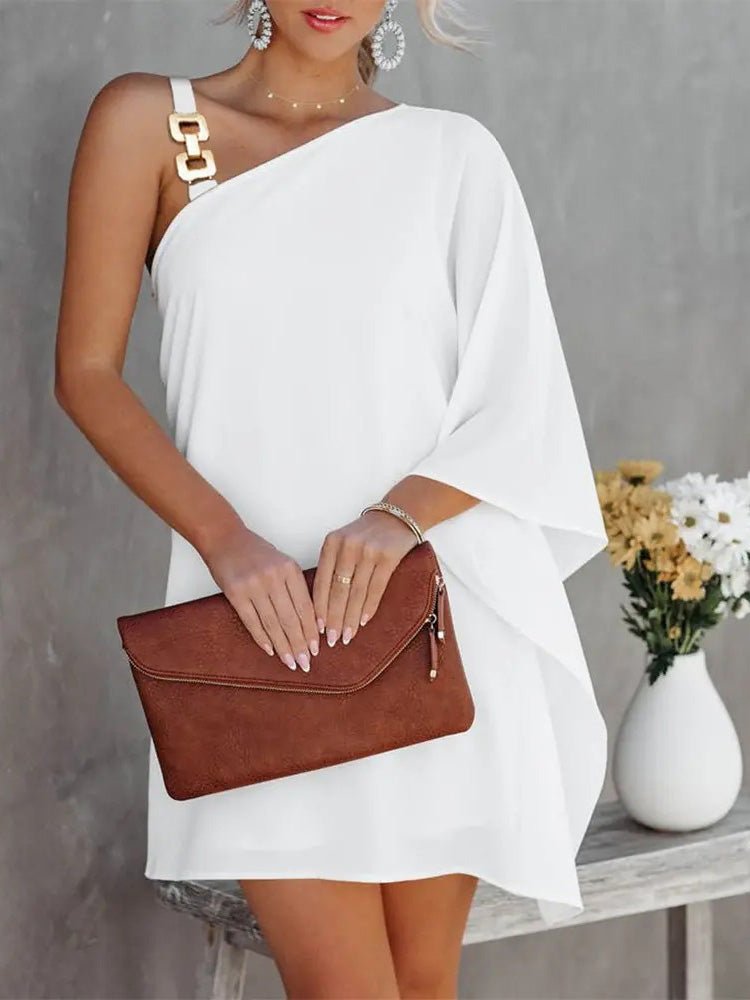 GR | Women's Dresses Solid Metal Straps Off-Shoulder Doll Sleeve Dress
