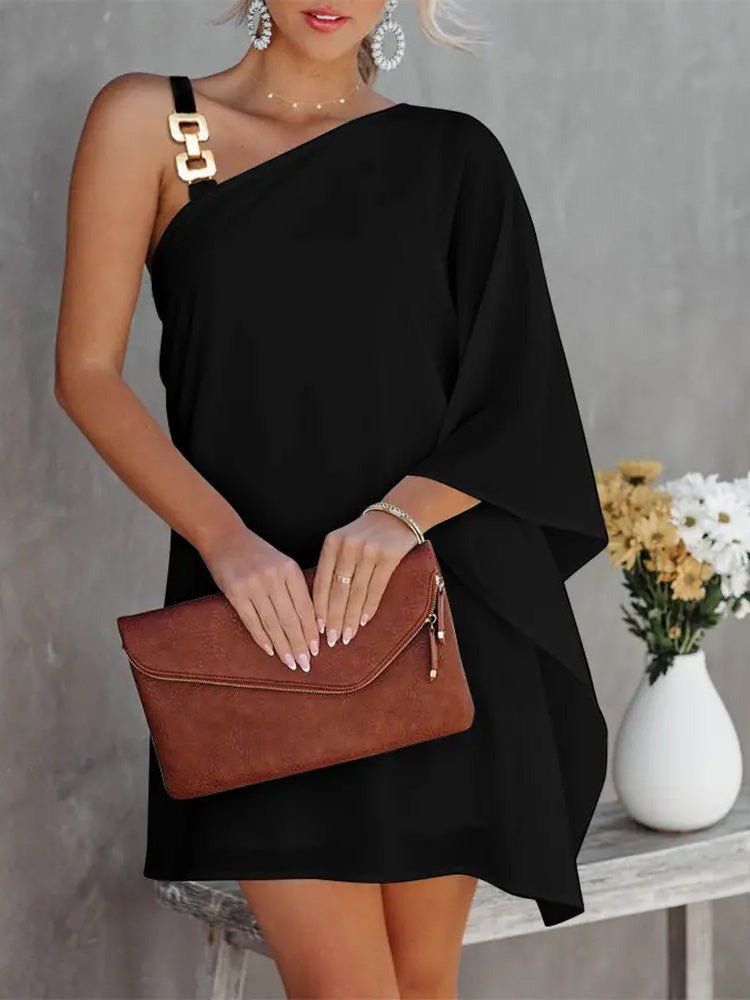 GR | Women's Dresses Solid Metal Straps Off-Shoulder Doll Sleeve Dress