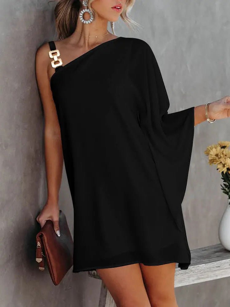 GR | Women's Dresses Solid Metal Straps Off-Shoulder Doll Sleeve Dress