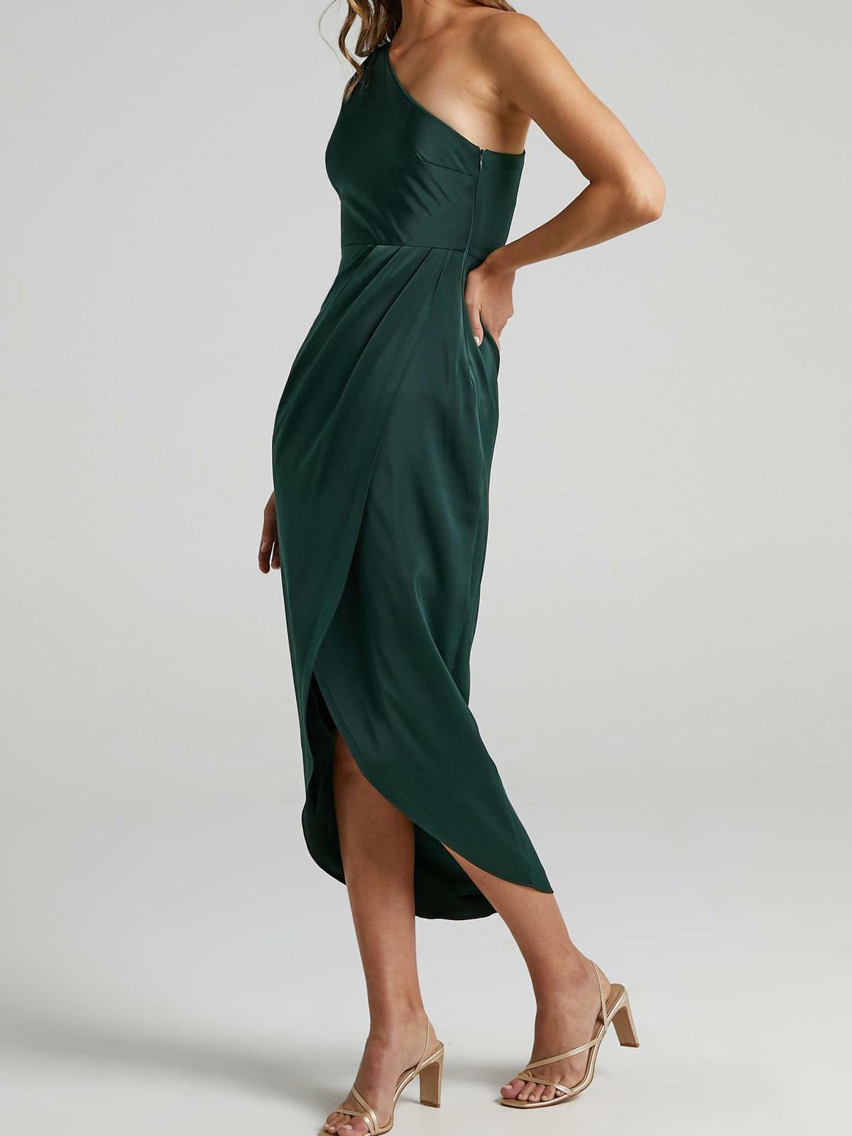 GR | Women's Solid Color Dresses One Shoulder Sleeveless Irregular Slit Dress