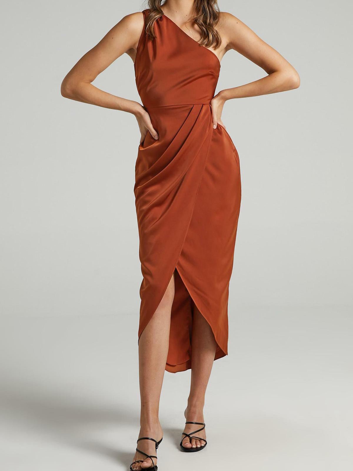 GR | Women's Solid Color Dresses One Shoulder Sleeveless Irregular Slit Dress
