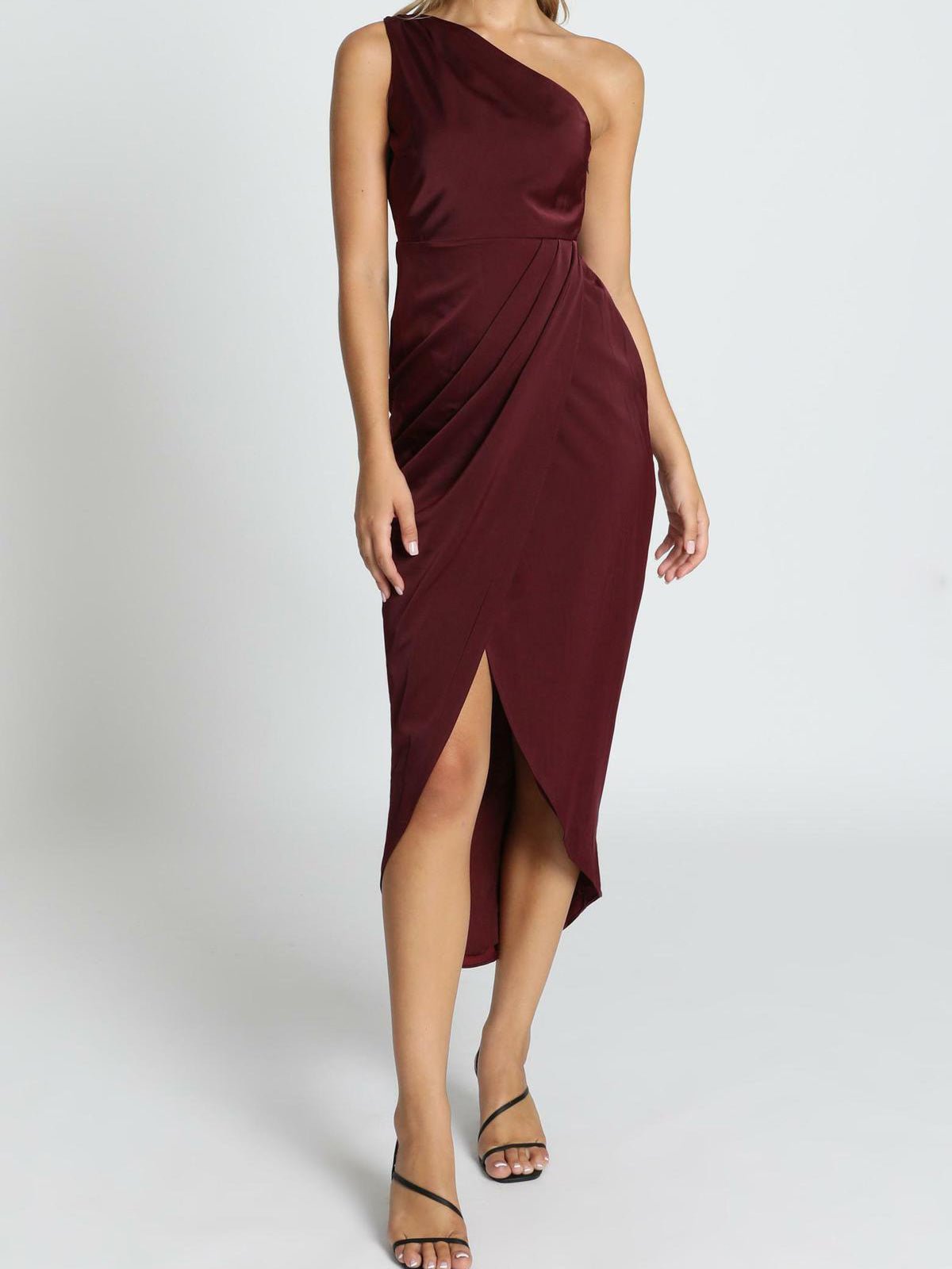 GR | Women's Solid Color Dresses One Shoulder Sleeveless Irregular Slit Dress