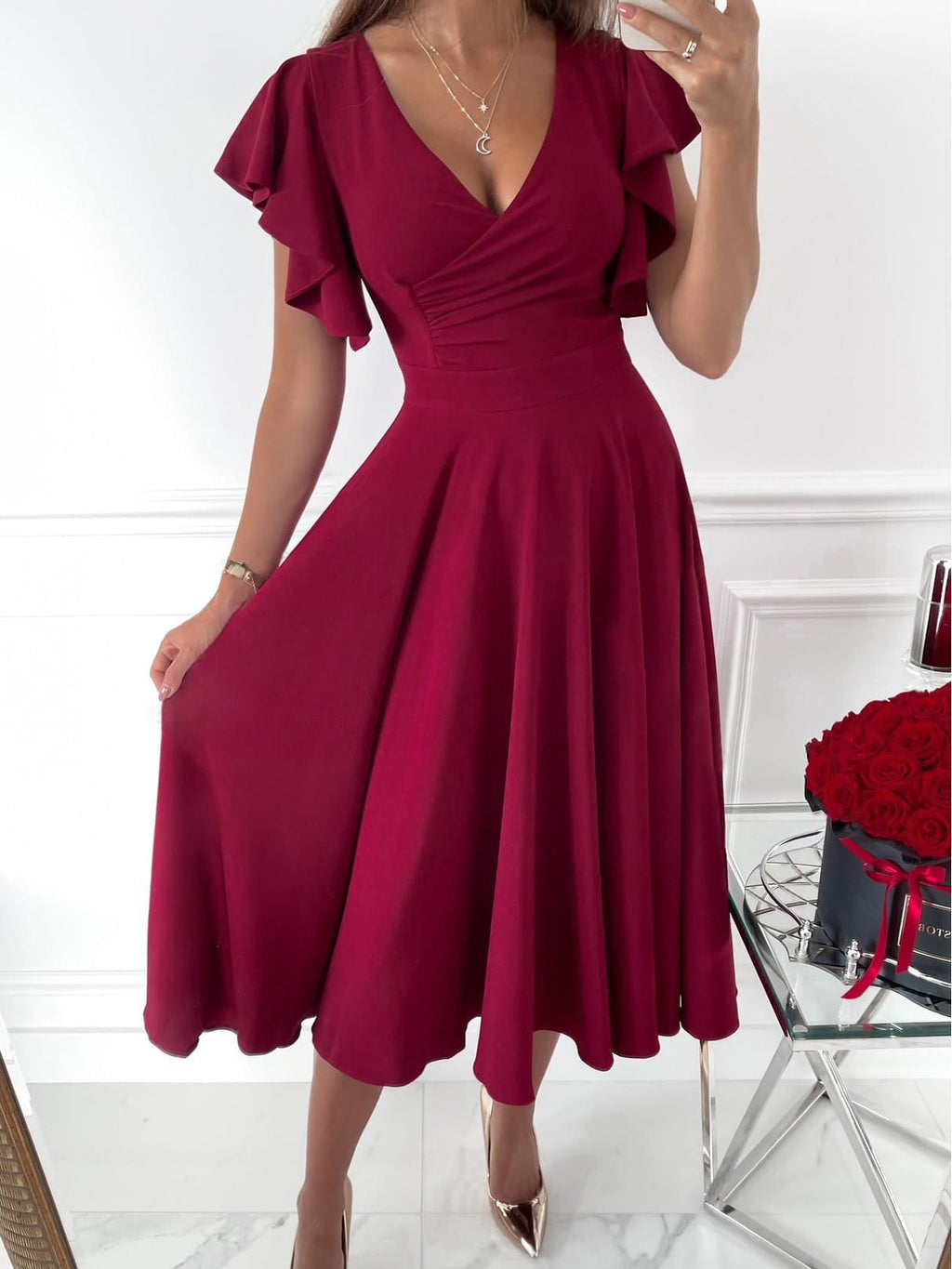GR | Women's Dresses Solid Color V-Neck Ruffled Sleeve Dress