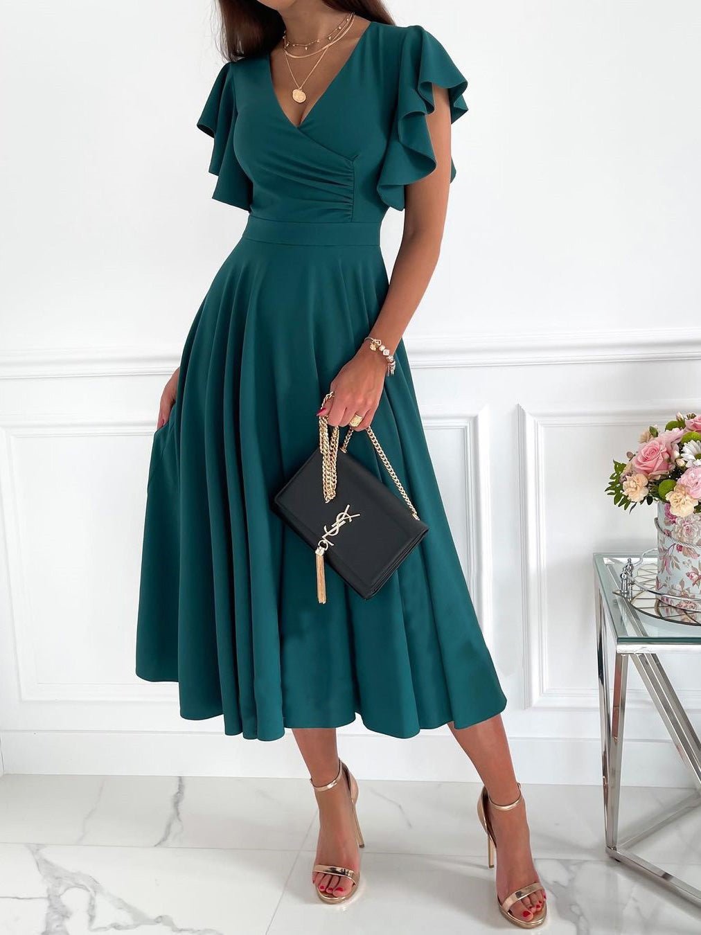 GR | Women's Dresses Solid Color V-Neck Ruffled Sleeve Dress