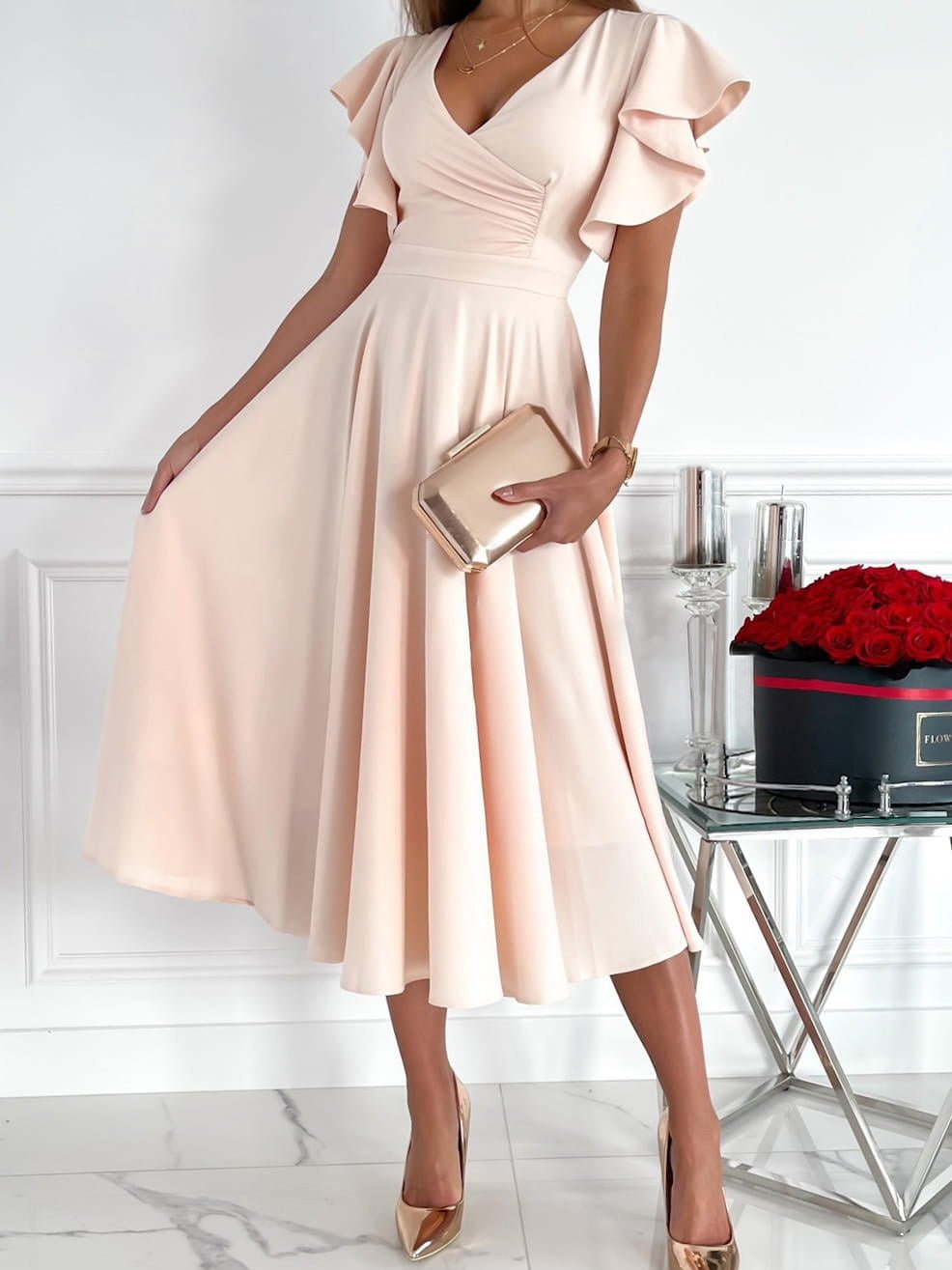 GR | Women's Dresses Solid Color V-Neck Ruffled Sleeve Dress