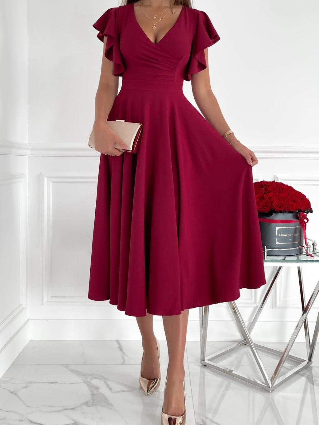 GR | Women's Dresses Solid Color V-Neck Ruffled Sleeve Dress