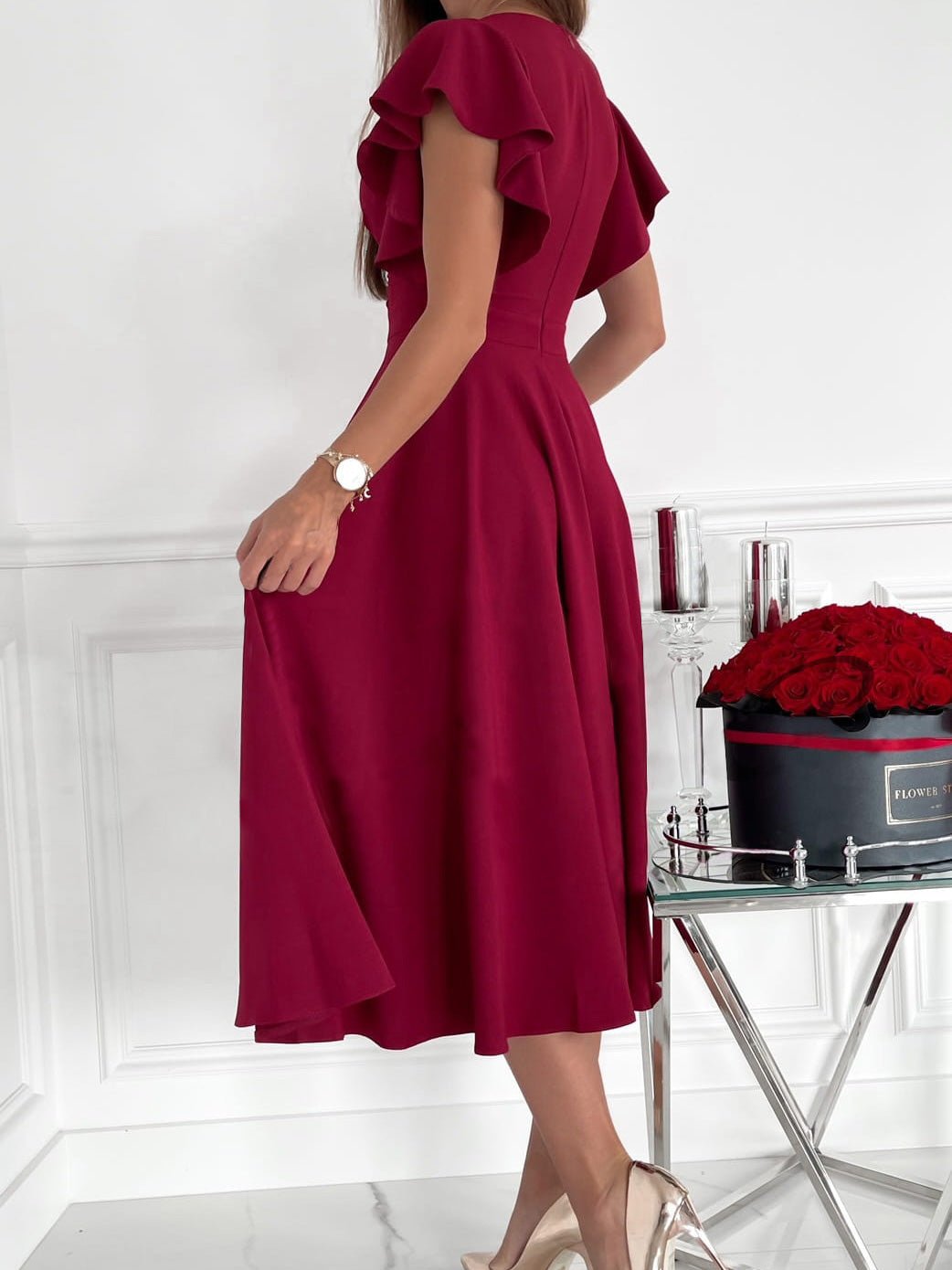 GR | Women's Dresses Solid Color V-Neck Ruffled Sleeve Dress