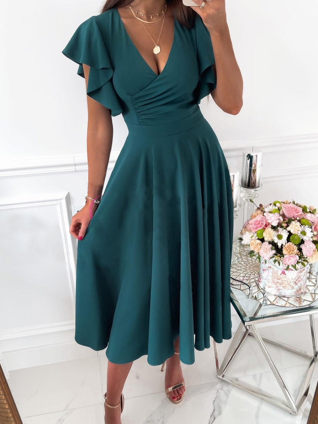 GR | Women's Dresses Solid Color V-Neck Ruffled Sleeve Dress