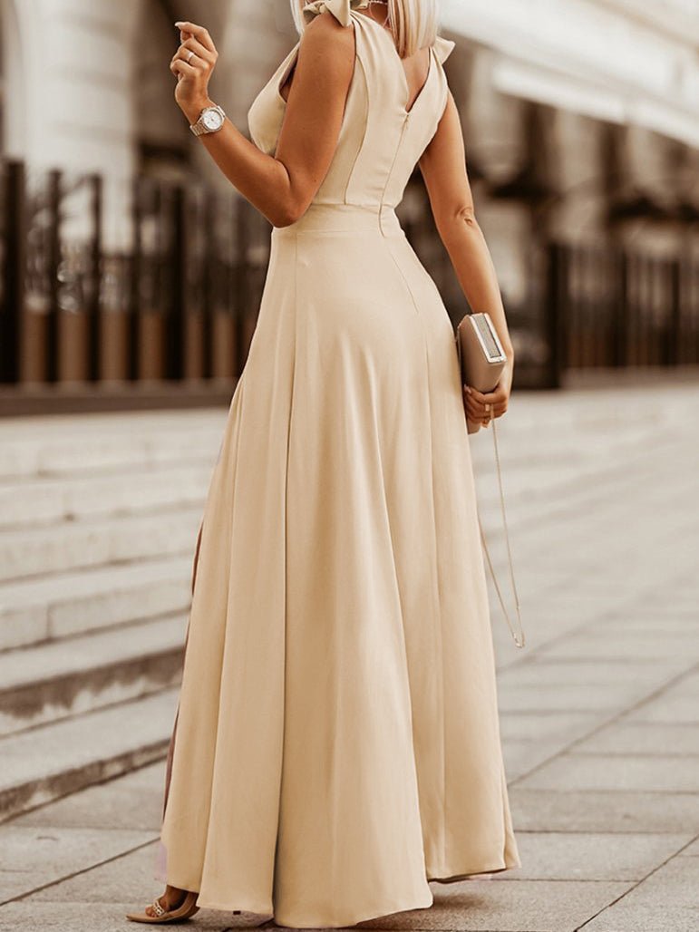GR | Women's Solid Color Dress V-Neck Band Slit Sleeveless Dress