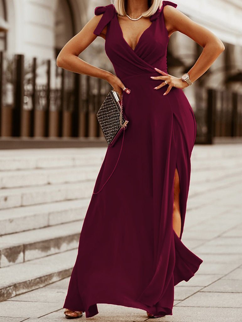 GR | Women's Solid Color Dress V-Neck Band Slit Sleeveless Dress
