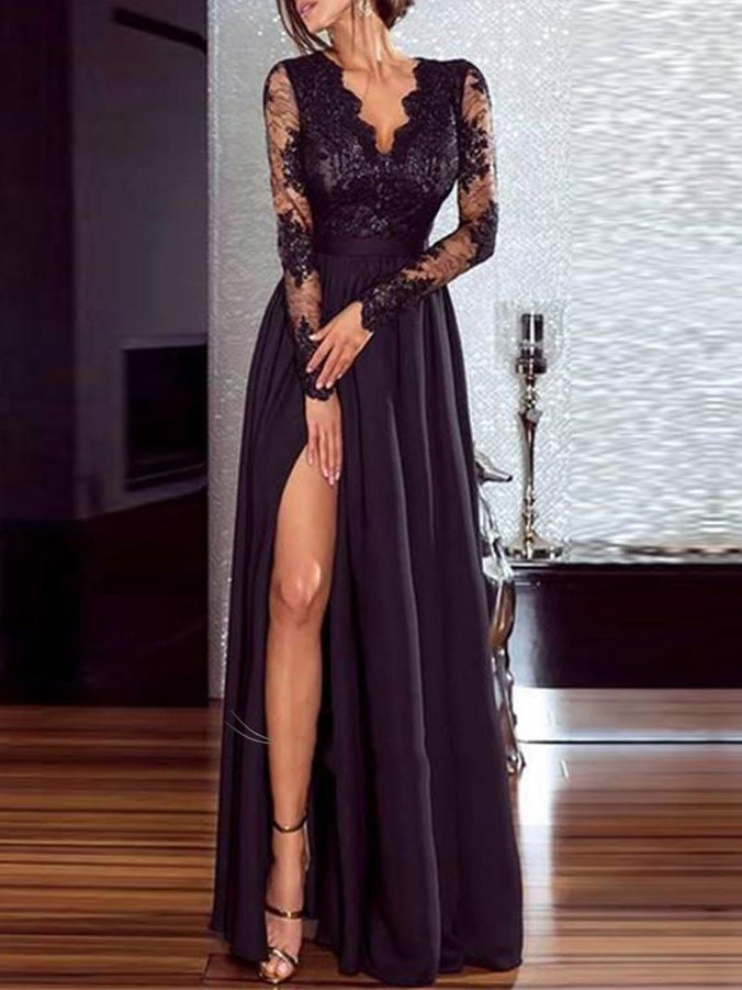 GR | Women's Dresses V-Neck Lace Long Sleeves Slit Evening Dress
