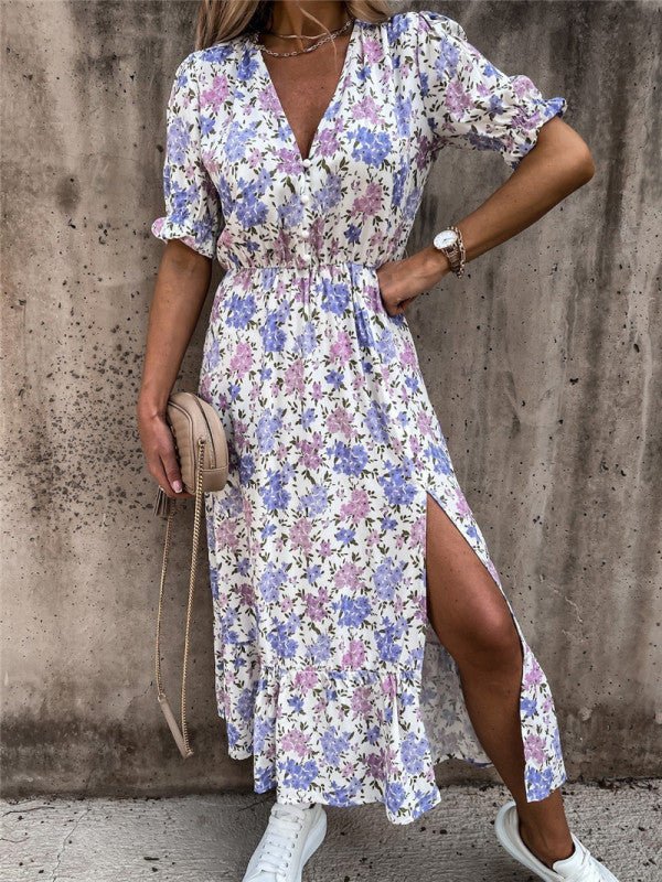 GR | Women's Floral Pattern Short Sleeve V-Neck Dress 