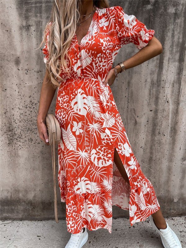 GR | Women's Floral Pattern Short Sleeve V-Neck Dress 