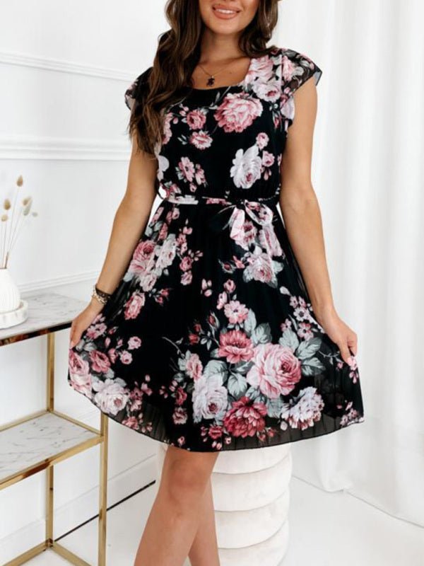 GR | Women's dress with flutter sleeves, fitted, floral and pleated 