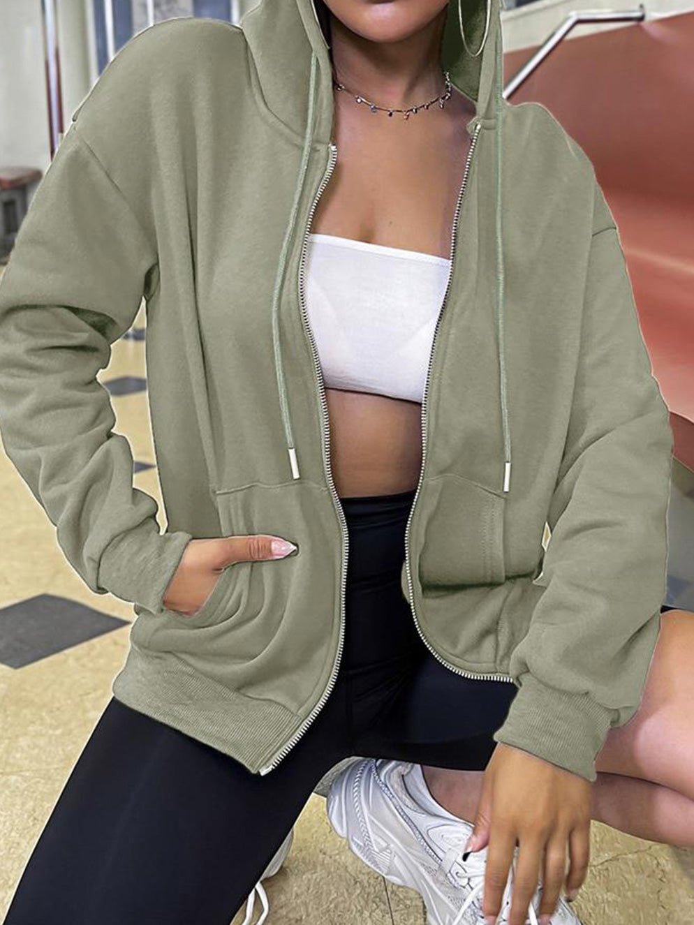 GR | Frauen Hoodie Lässig Einfarbig Reißverschluss Tasche Langarm Hoodie