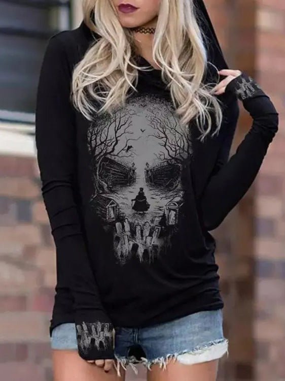 GR | Damen Kapuzenpullover mit Totenkopfprint Langarm Kapuzenpullover