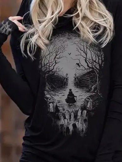 GR | Damen Kapuzenpullover mit Totenkopfprint Langarm Kapuzenpullover