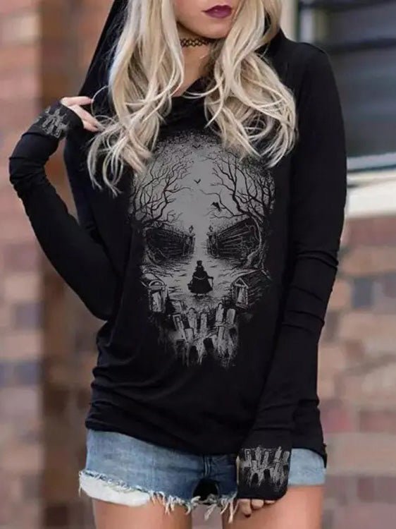 GR | Damen Kapuzenpullover mit Totenkopfprint Langarm Kapuzenpullover