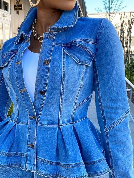 GR | Women's Jacket Button Ruffle Long Sleeve Denim Jacket