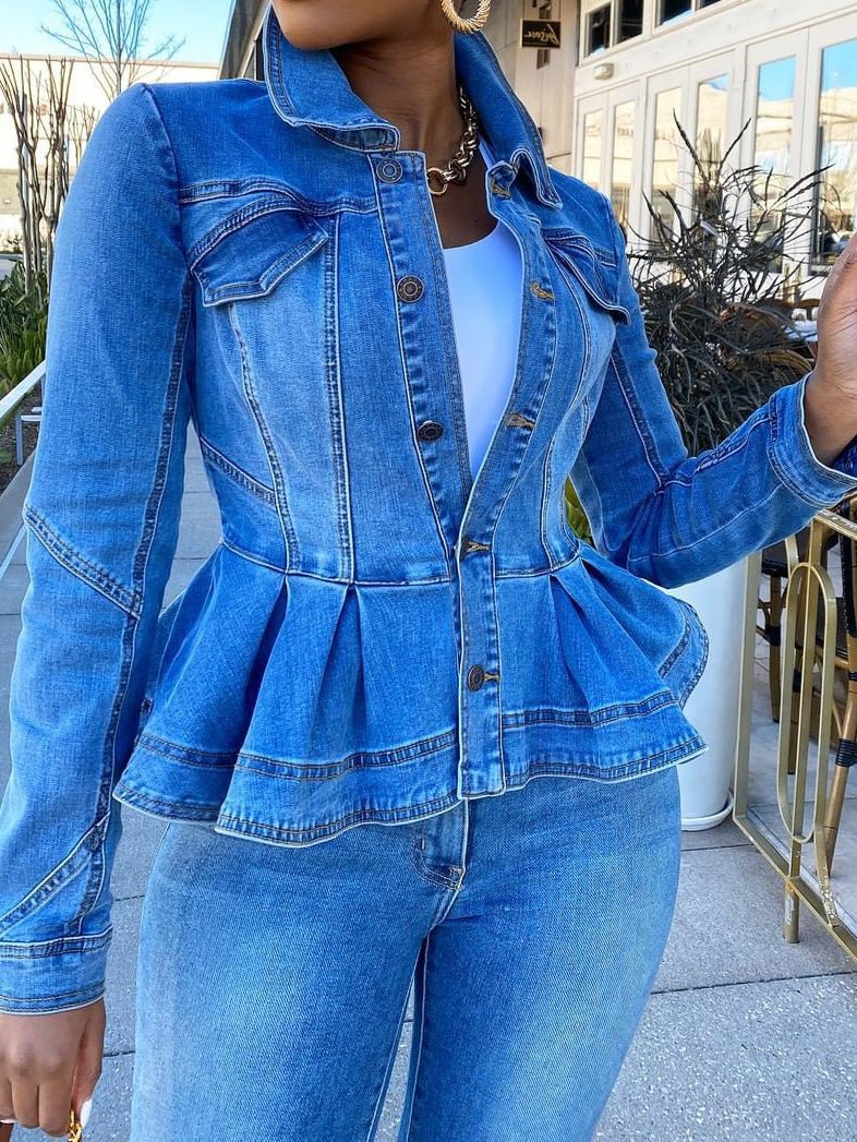 GR | Women's Jacket Button Ruffle Long Sleeve Denim Jacket