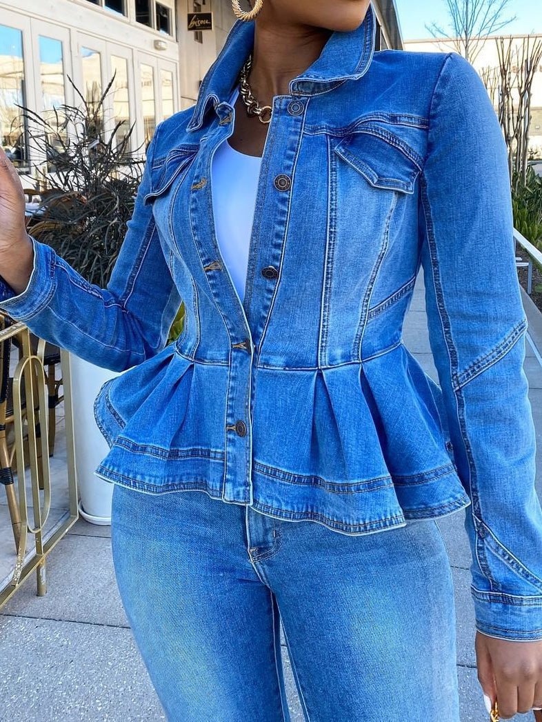 GR | Women's Jacket Button Ruffle Long Sleeve Denim Jacket