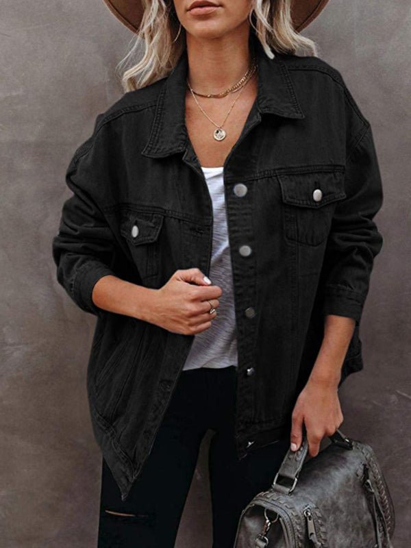 GR | Women's Solid Color Jacket, Flap Pocket, Button, Denim Jacket