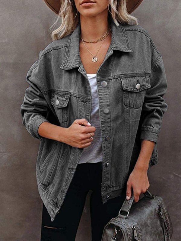 GR | Women's Solid Color Jacket, Flap Pocket, Button, Denim Jacket