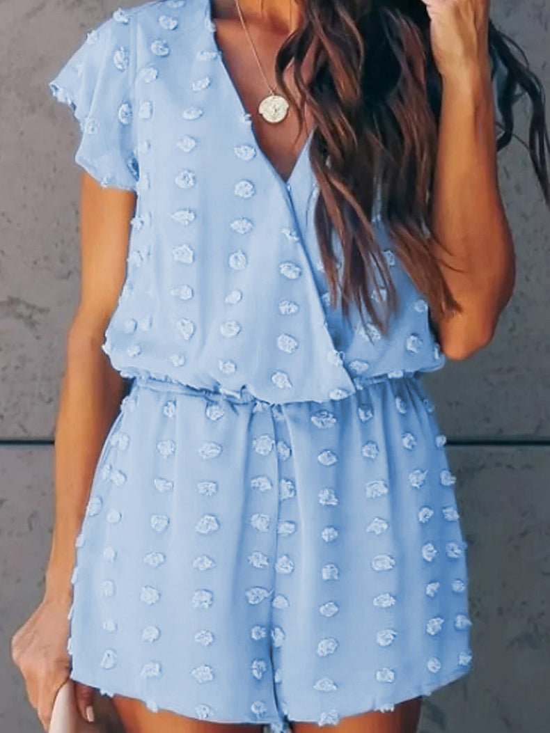 GR | Women's Jacquard Polka Dot V-Neck Short Sleeve Jumpsuit