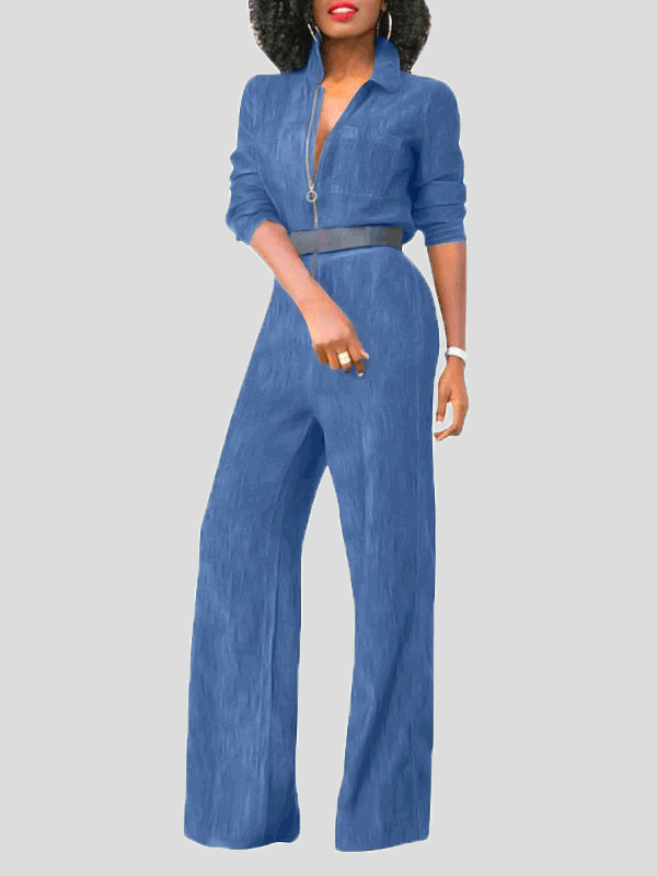 GR | Women's Jumpsuits with Flap Zipper, Long Sleeves, Denim Jumpsuit