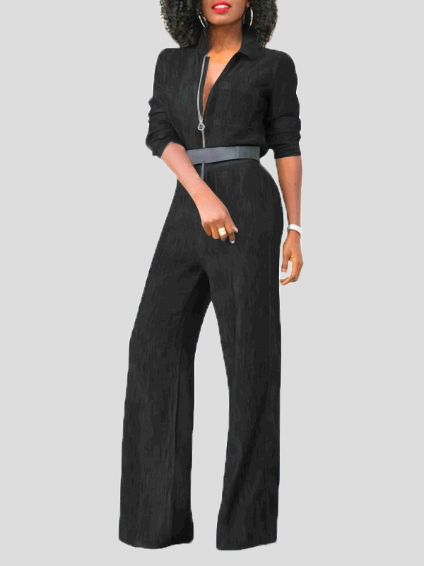 GR | Women's Jumpsuits with Flap Zipper, Long Sleeves, Denim Jumpsuit