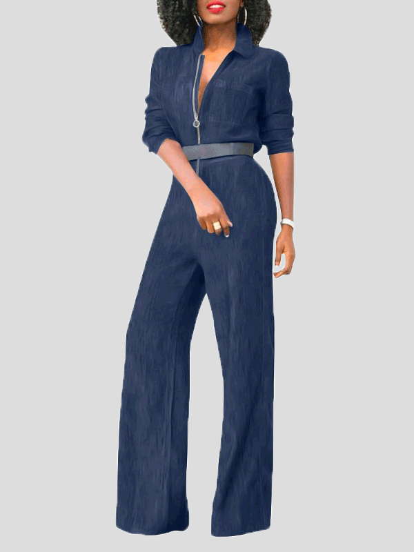 GR | Women's Jumpsuits with Flap Zipper, Long Sleeves, Denim Jumpsuit