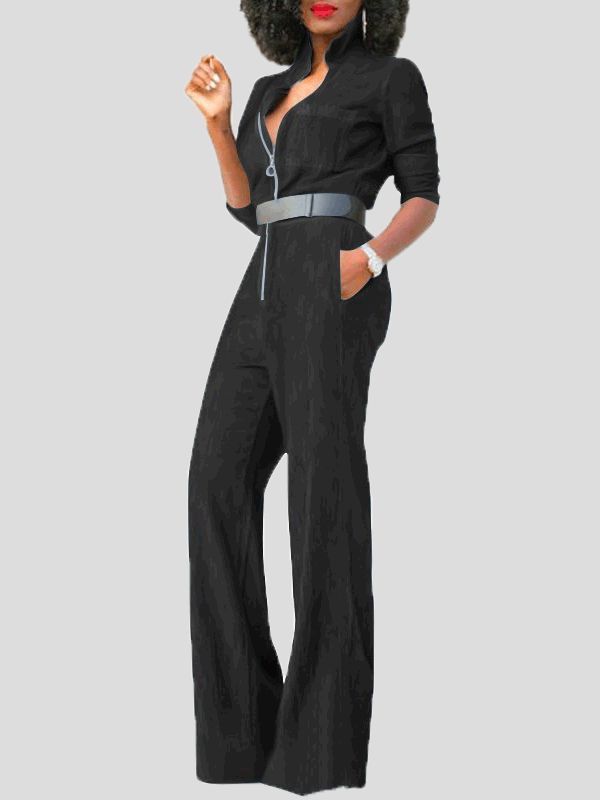 GR | Women's Jumpsuits with Flap Zipper, Long Sleeves, Denim Jumpsuit