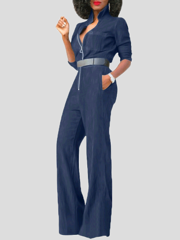 GR | Women's Jumpsuits with Flap Zipper, Long Sleeves, Denim Jumpsuit