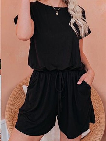 GR | Women's Jumpsuits Solid Short Sleeve Lace-up Casual Jumpsuit