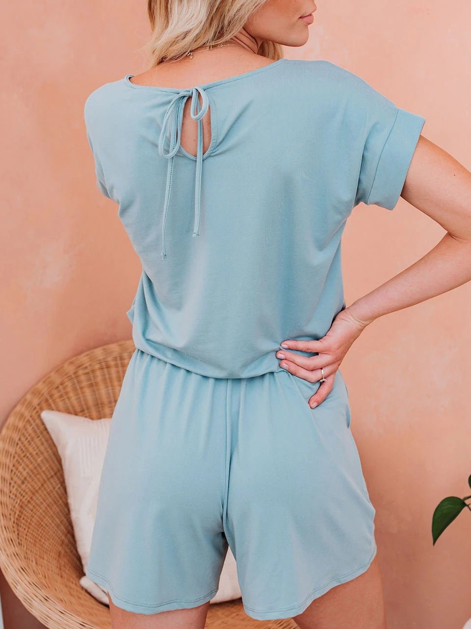 GR | Women's Jumpsuits Solid Short Sleeve Lace-up Casual Jumpsuit
