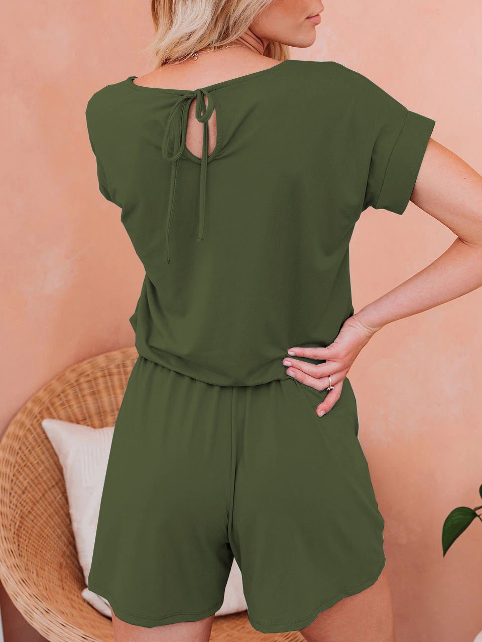 GR | Women's Jumpsuits Solid Short Sleeve Lace-up Casual Jumpsuit