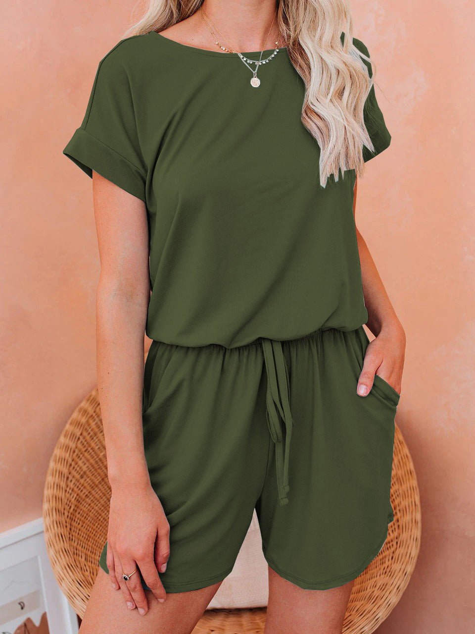 GR | Women's Jumpsuits Solid Short Sleeve Lace-up Casual Jumpsuit