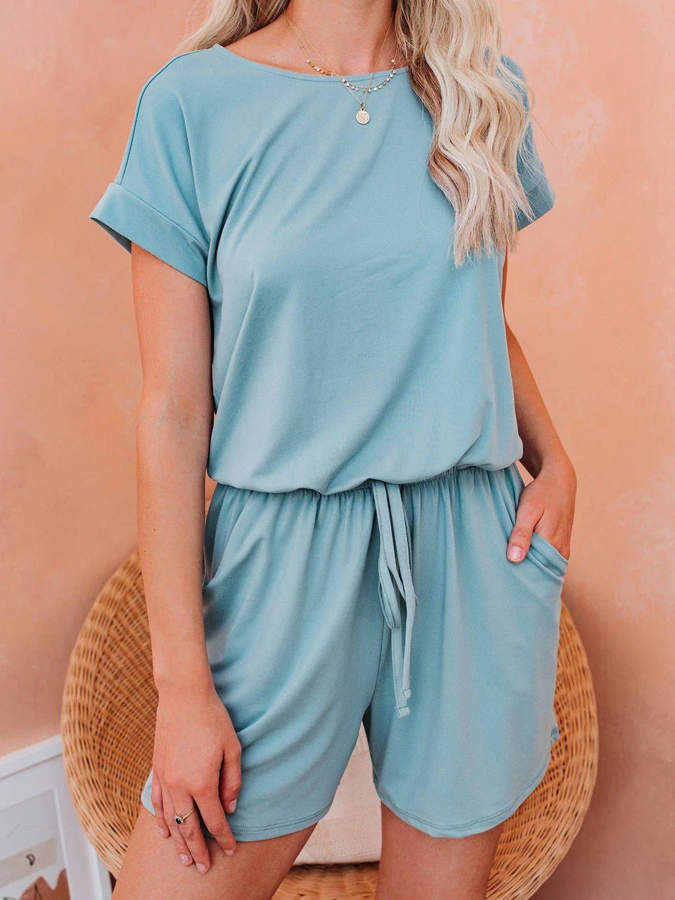GR | Women's Jumpsuits Solid Short Sleeve Lace-up Casual Jumpsuit