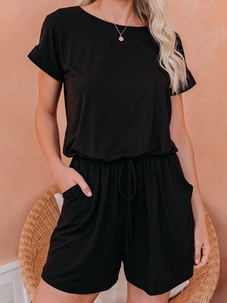 GR | Women's Jumpsuits Solid Short Sleeve Lace-up Casual Jumpsuit