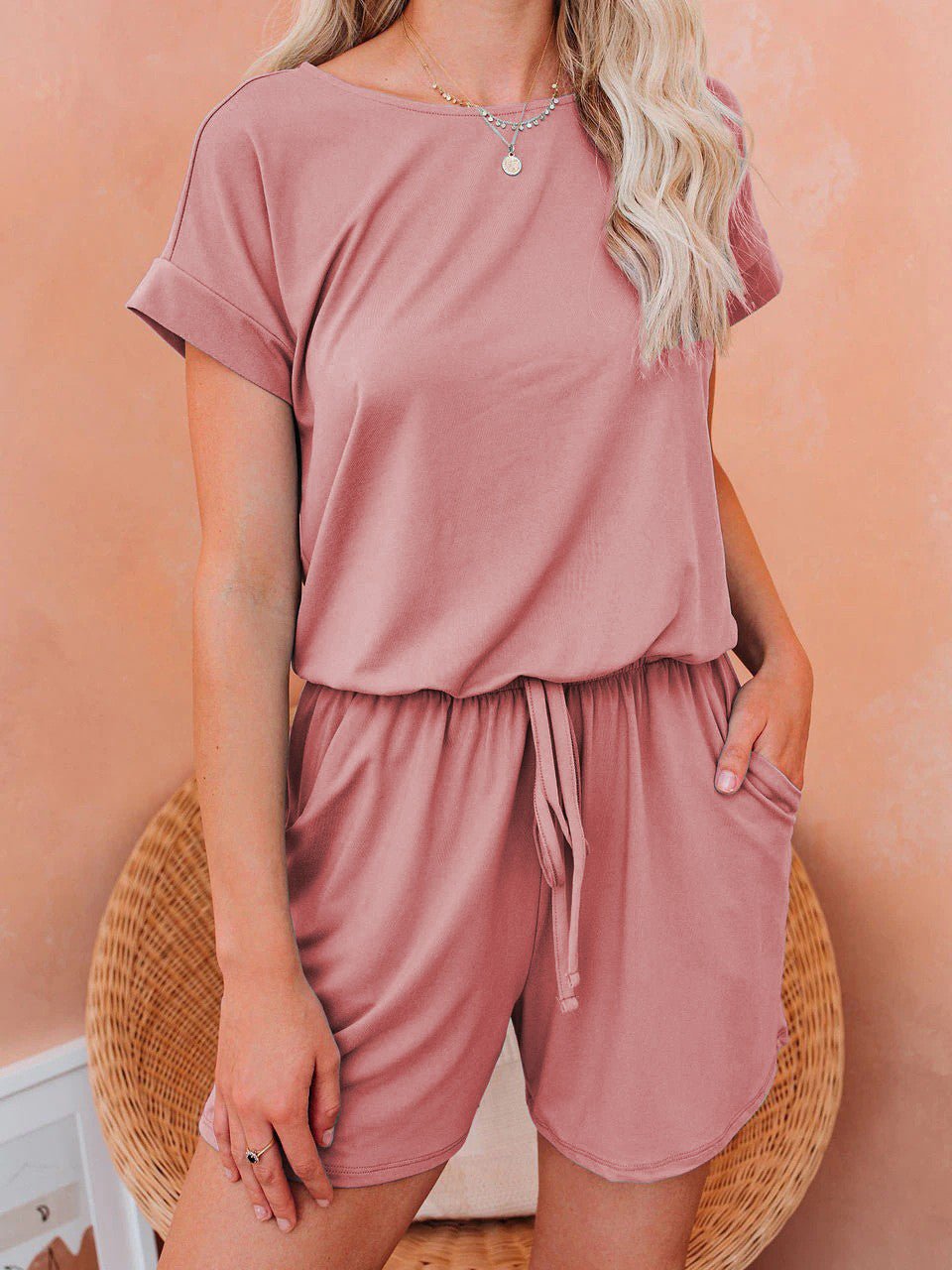 GR | Women's Jumpsuits Solid Short Sleeve Lace-up Casual Jumpsuit