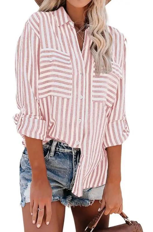 GR | Women's Linen Cotton Washed Water Stripe Single-Breasted Long-Sleeve Shirt 