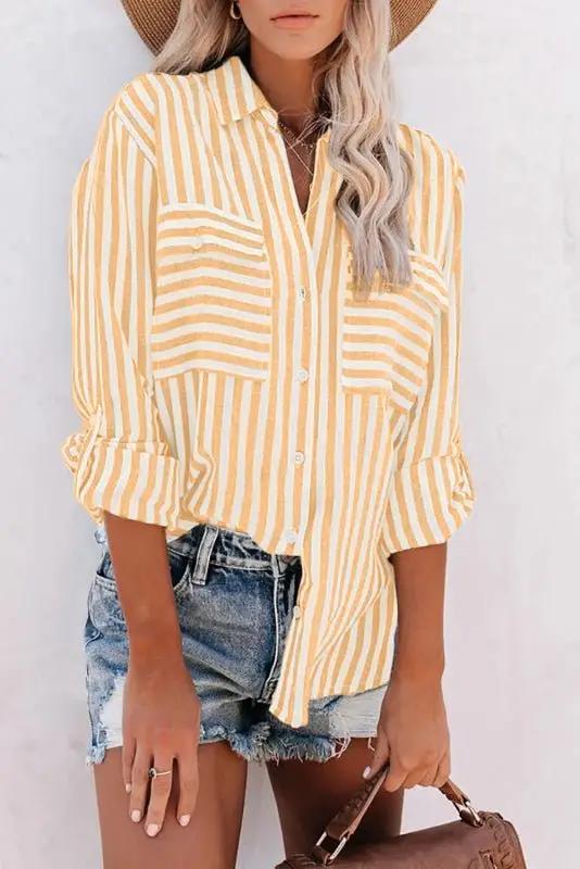 GR | Women's Linen Cotton Washed Water Stripe Single-Breasted Long-Sleeve Shirt 