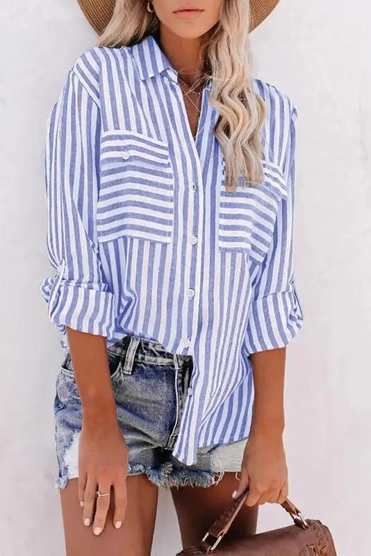 GR | Women's Linen Cotton Washed Water Stripe Single-Breasted Long-Sleeve Shirt 