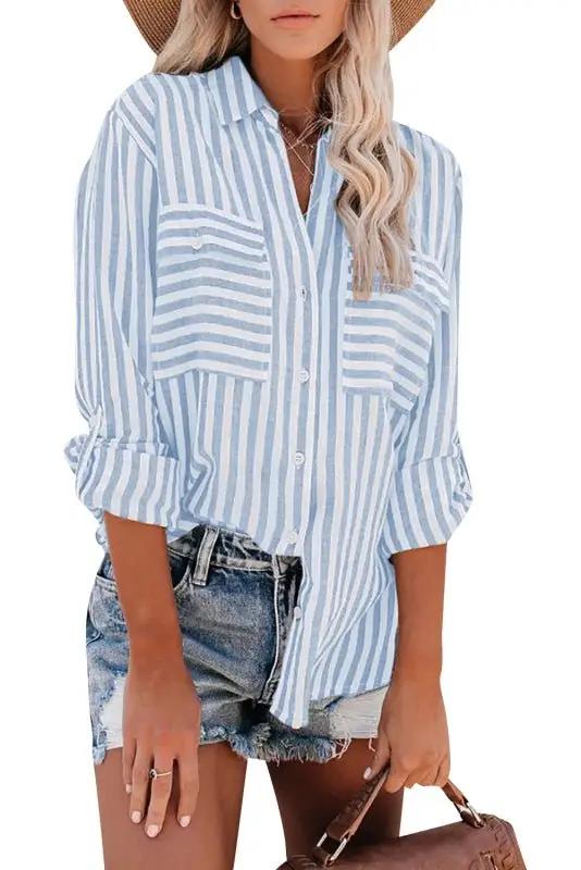 GR | Women's Linen Cotton Washed Water Stripe Single-Breasted Long-Sleeve Shirt 